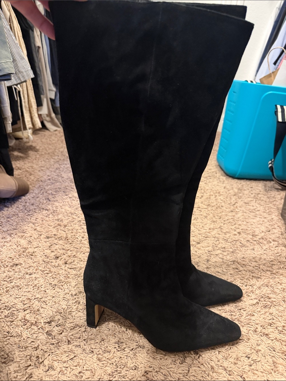 Sam Edelman Black Suede Knee-High Pointed Toe Heeled Boots wide calf